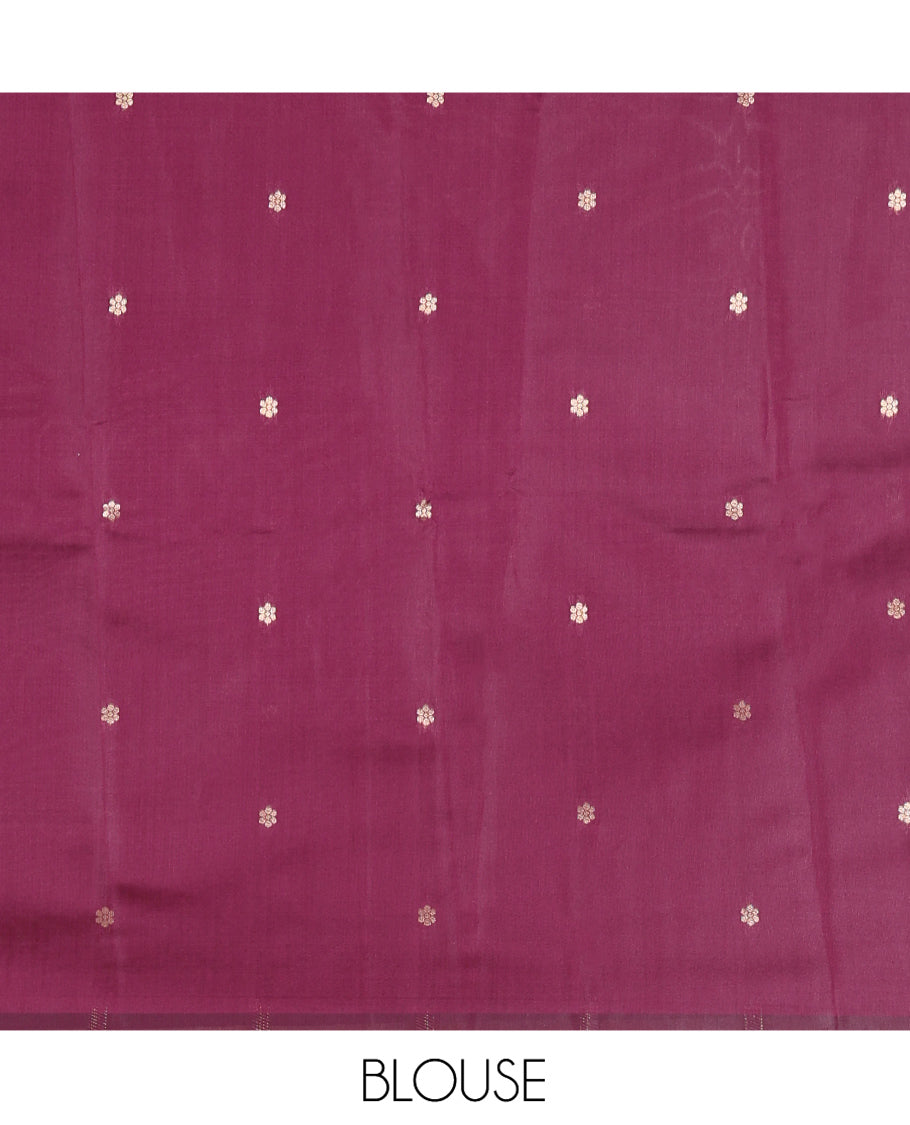 Dark Pink Litchi Saree, Bedecked with Peacock Buttas , Contrast Temple Traditional Rettai Pettu Border, Pallu of Traditional , and Contrast Blouse