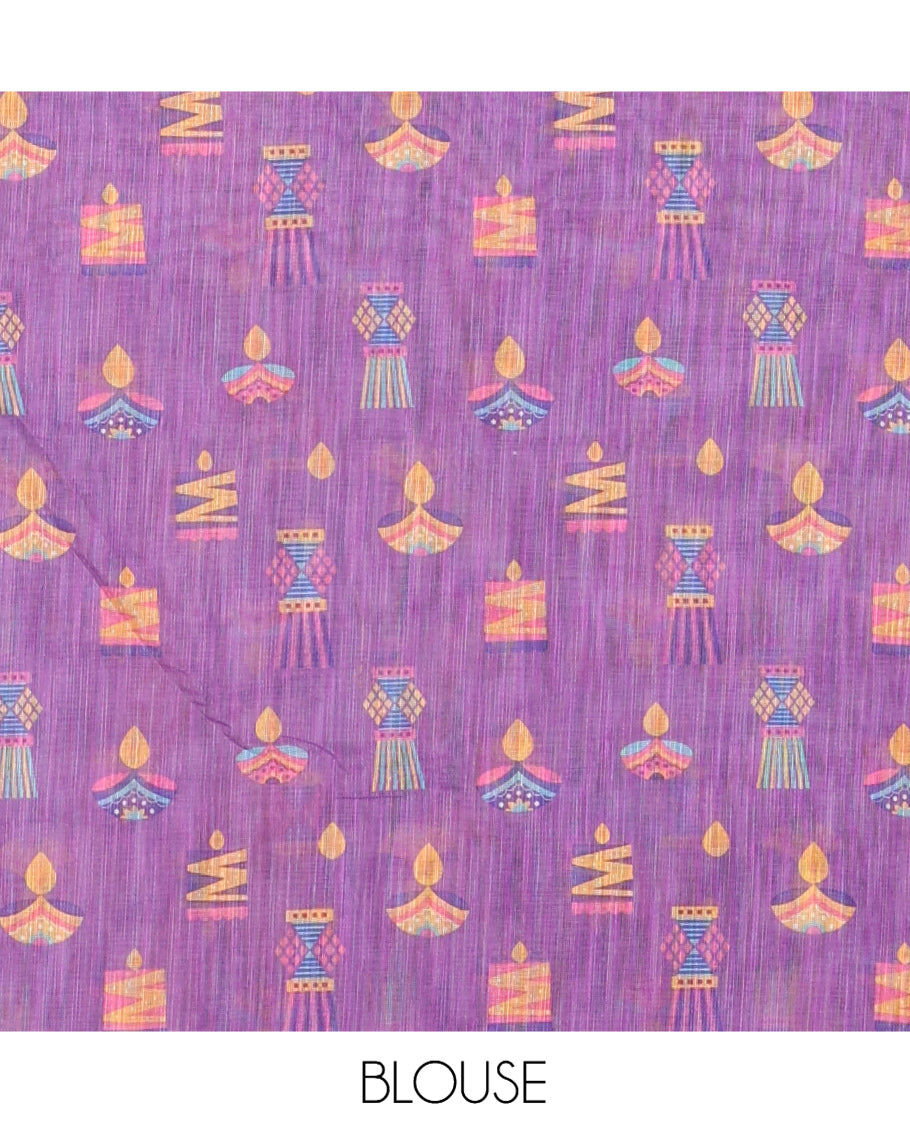 Violet Diwali-Style Printed Linen Cotton Saree