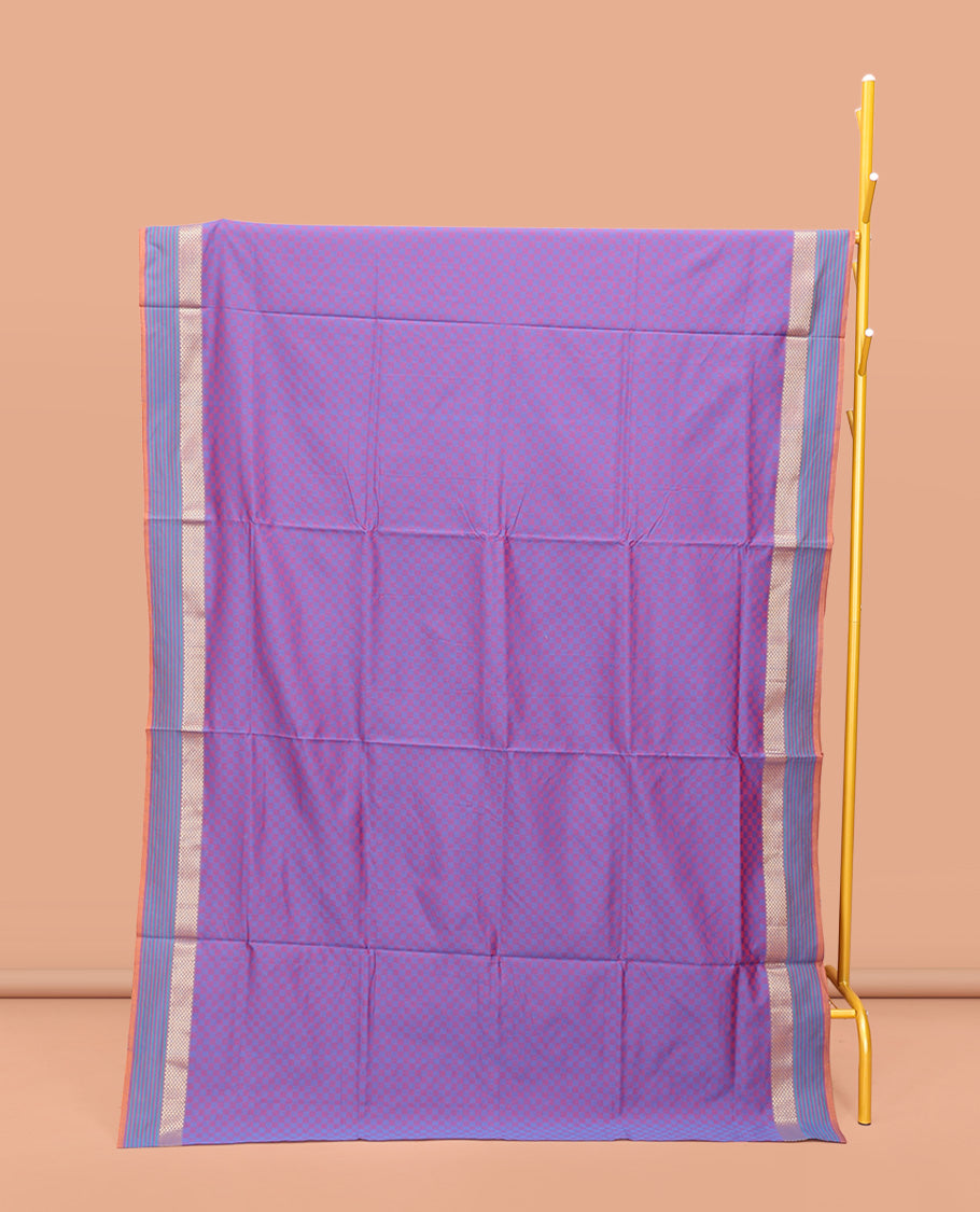 Lavender Poly Cotton Saree, Beautified with Checked Design on Its Body, Highlighted by a Traditional Zari Ara Maadam Border, Complemented by Contrast Striped Pallu, and Paired with a Contrast Blouse