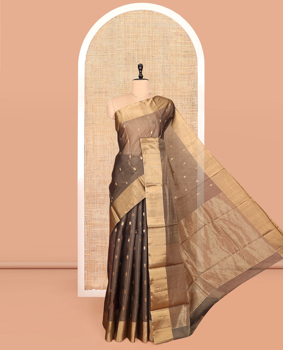 Brown Silk Cotton Saree, Adorned with Buttas, Gleaming Bavanji Border, Pallu Steeped with Stripes, and a Matching Blouse