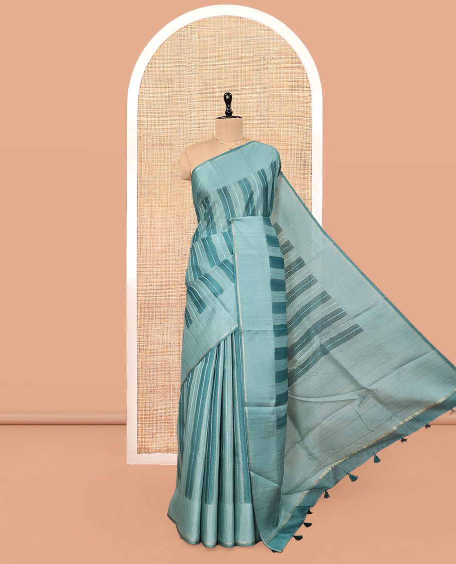 Blue Fancy Tussar Saree, Adorned with Stripes, a Subtle Plain Border, Plain Pallu, and a Matching Blouse