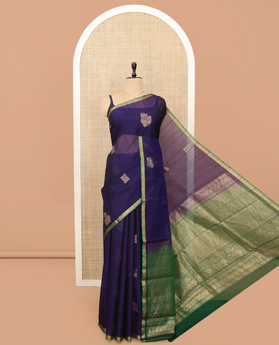 Navy Blue Silk Cotton Saree, Adorned with Zari Buttas, a Contrast Zari Border, Intricate Pallu, and a Contrast Blouse