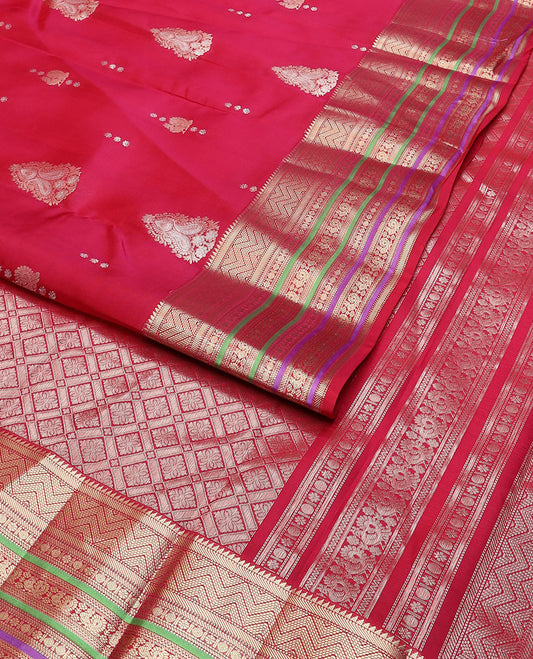 Red zari buttas vasundhara silk mix saree, jaal pallu & self-border of ara bogudi,banaras,muthu,poun,kamalam,neli & mayil