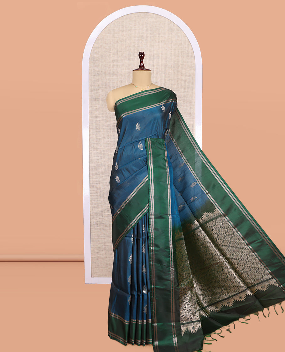 Blue Uppada Saree, Adorned with Zari Buttas, a Contrast Zari Striped Border, Grand Geometric Pallu, and a Contrast Blouse