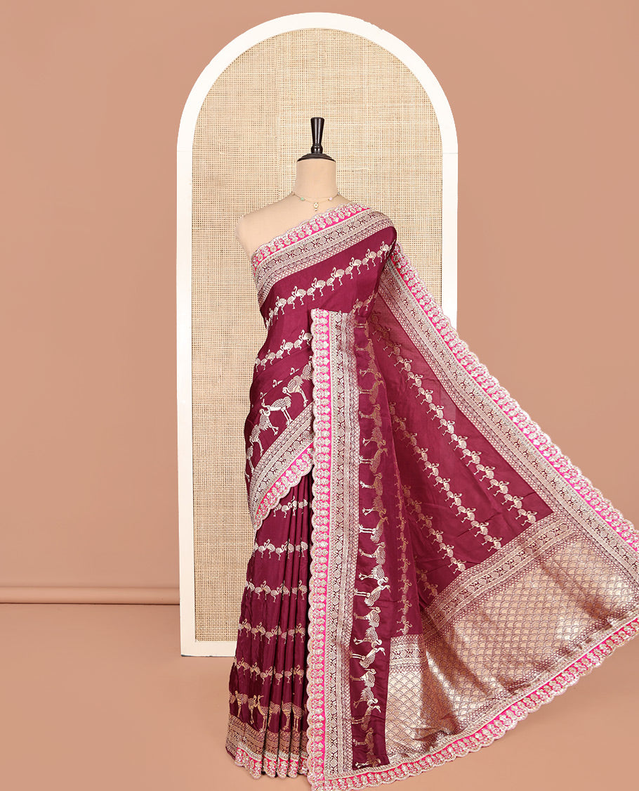 Wine Bird Buttas Russian Dola Silk Saree, Contrast Patchwork Border, Matching Blouse