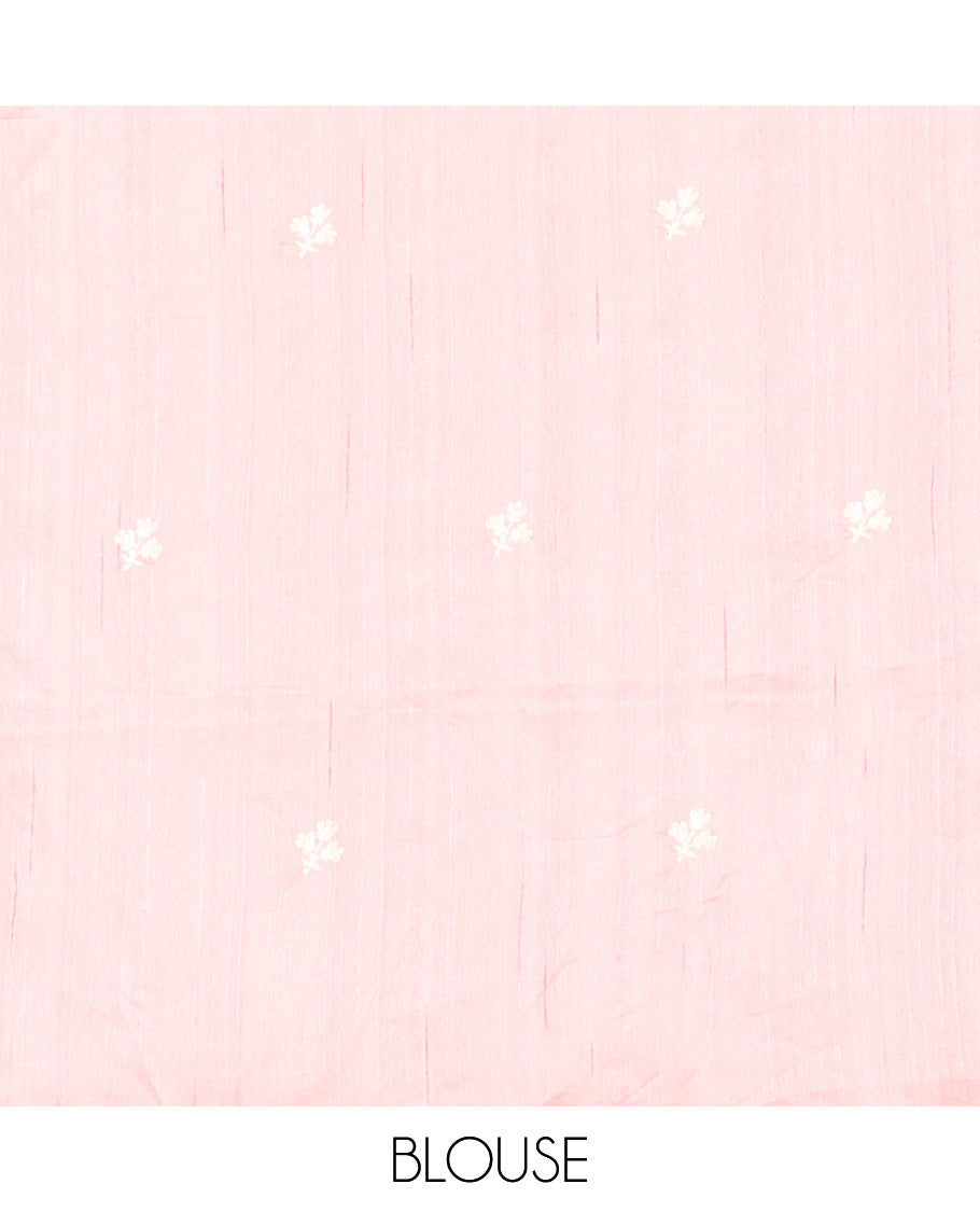 Light pink buttas organza saree with self floral embroidery, scallop border
