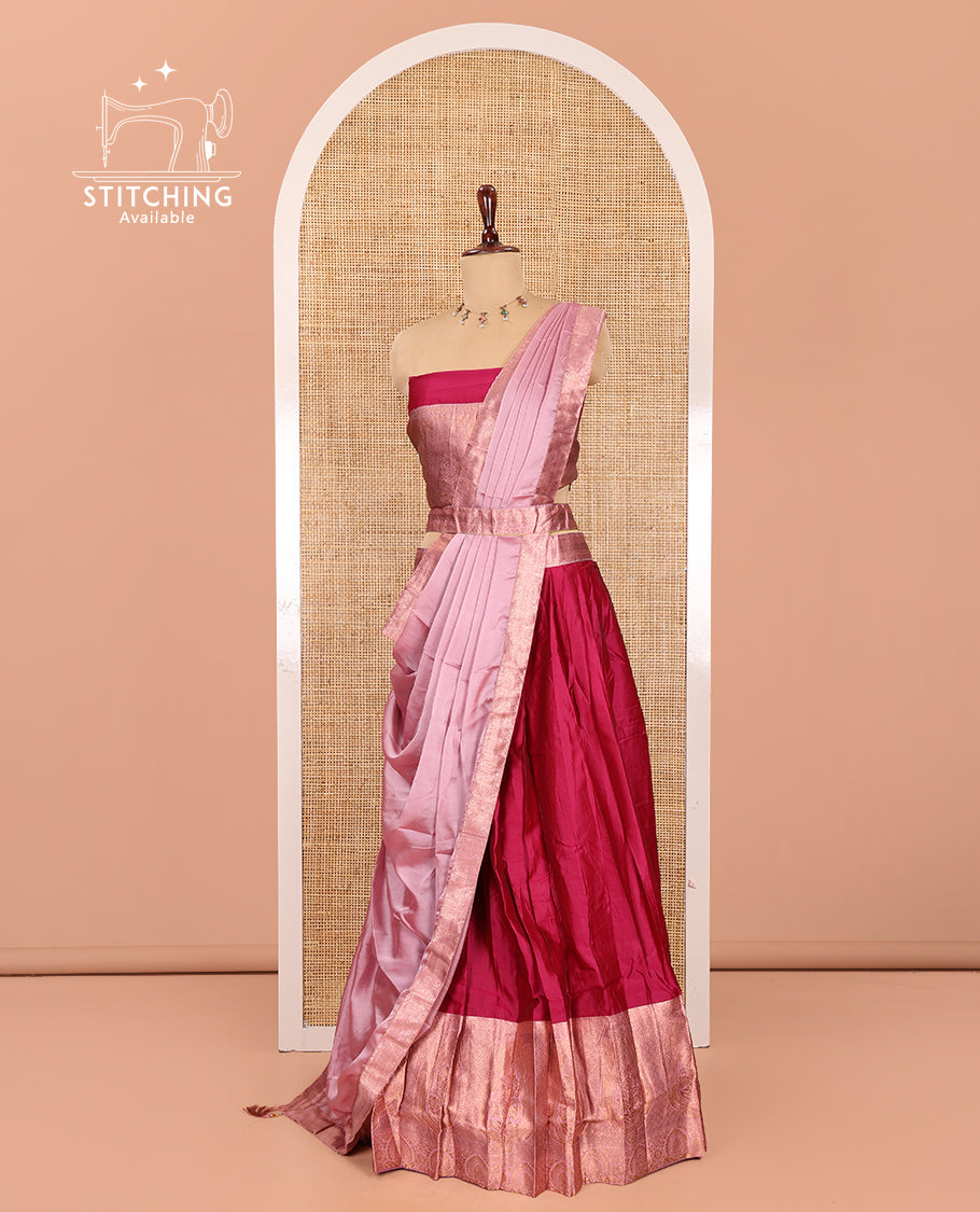 Rani Pink Semi-Banaras Half-Saree, Plain Contrast Intricate-Bordered Skirt, Matching Blouse, Contrast Dhavani