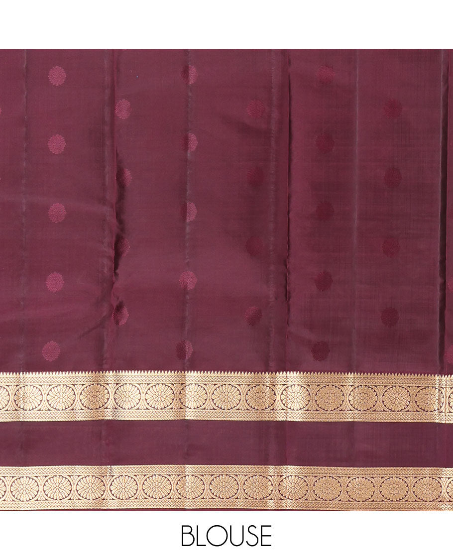 Blue Vasundhara Lite Silk Mix Saree, Adorned with Chakram Buttas All Over Its Body, Complemented by a Contrast Rettai Pettu Border of Rekku, Neli, and Chakram Designs, Pallu of Chakram and Jaal Designs, and Paired with a Contrast Blouse
