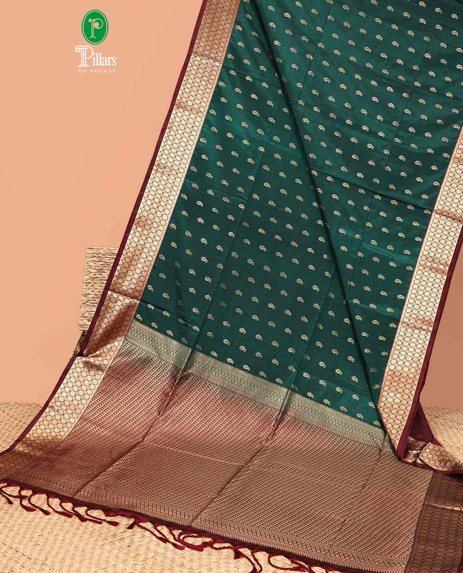 Dark green gold zari small manga buttas fancy softy silk saree with contrast rudrashra design zari waeving border & rich brocade style weaving pallu along with mango self butta blouse
