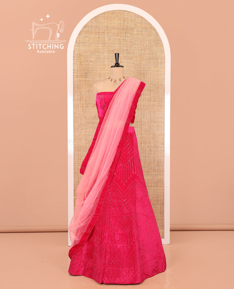 Pink Velvet Half-Saree, Adorned with Swarovski Stonework Skirt, Matching Stonework Blouse, Contrast Net Dhavani