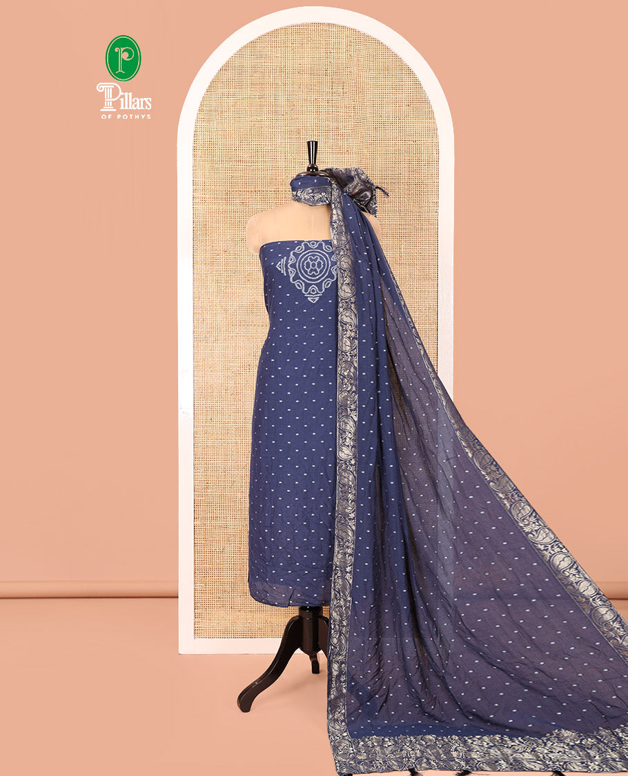 Blue Mul Chanderi Material Chudidar Set, Subtly Printed with Bandhani-Style Printed Top, a Plain Santoon Bottom, and Paired with a Matching Mul Chanderi Bandhani-Dotted and Zari-Woven Dupatta