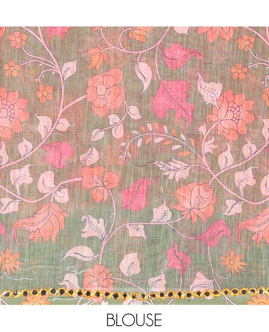 Tomato Pink Plain Linen Cotton Saree, Contrast Plain Scallop Border, a Self-Pallu, and Contrast Kalamkari Printed Blouse