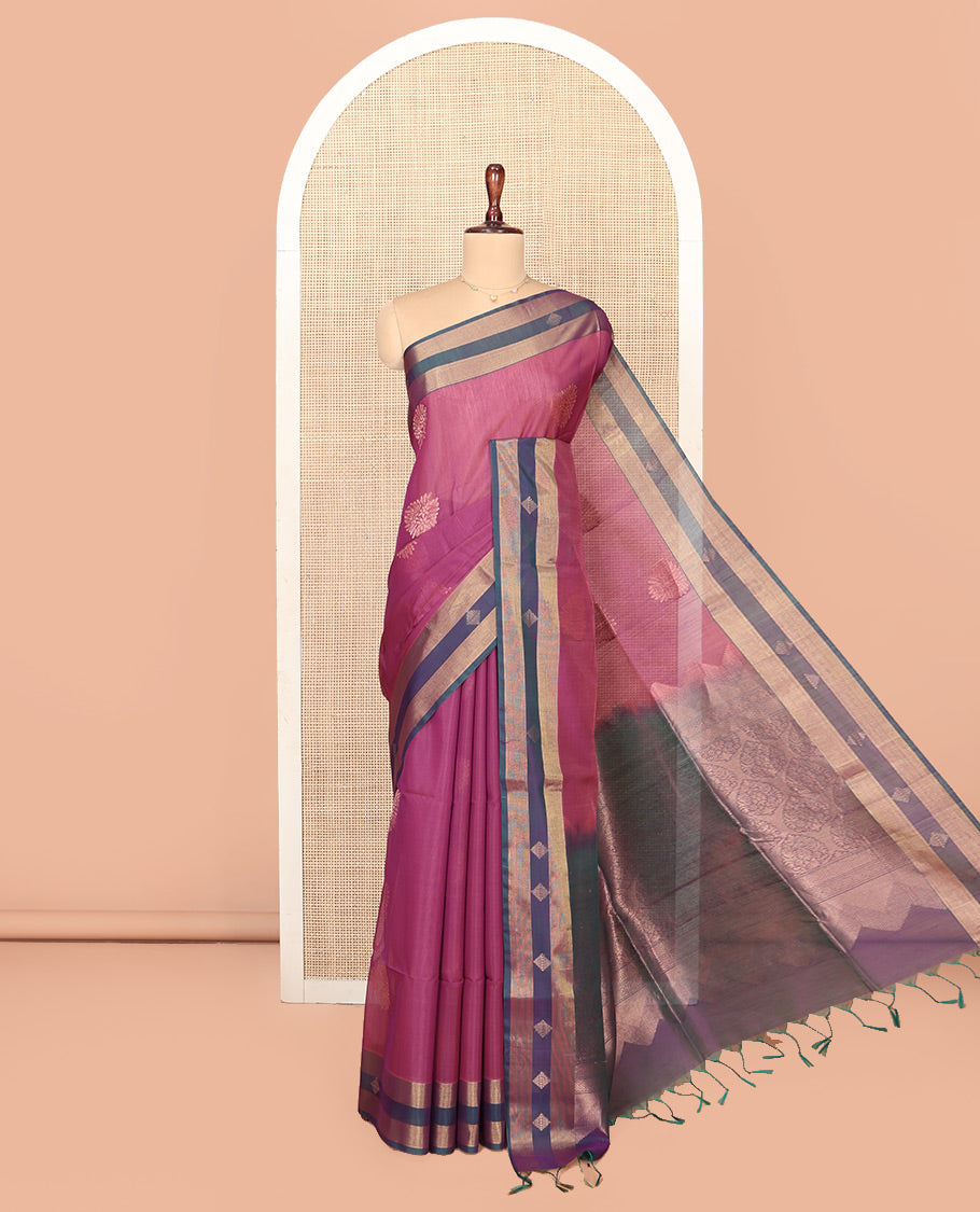 Wine Silk Cotton Saree, Adorned with Zari Buttas All Over Its Body, Complemented by Contrast Zari Border, Grandly Decked Up Pallu and Paired with a Contrast Blouse