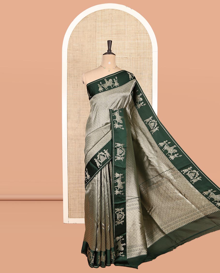 Mehenti Green Russian Dola Silk Saree Features Jacquard, Wedding-Themed Border, Jaal Pallu, Matching Blouse