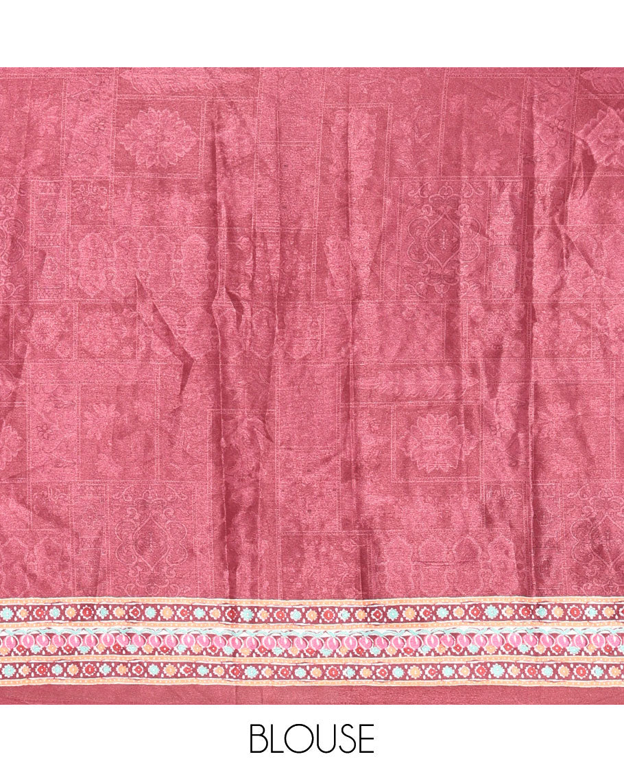 Maroon Masakali Saree Featuring Floral and Geometric Motifs Print and Mirror Work, Kaleidoscopic-Colored Printed Border, Pallu Decked Up with Colorful Intricate Patterns Print, and a Matching Printed Blouse