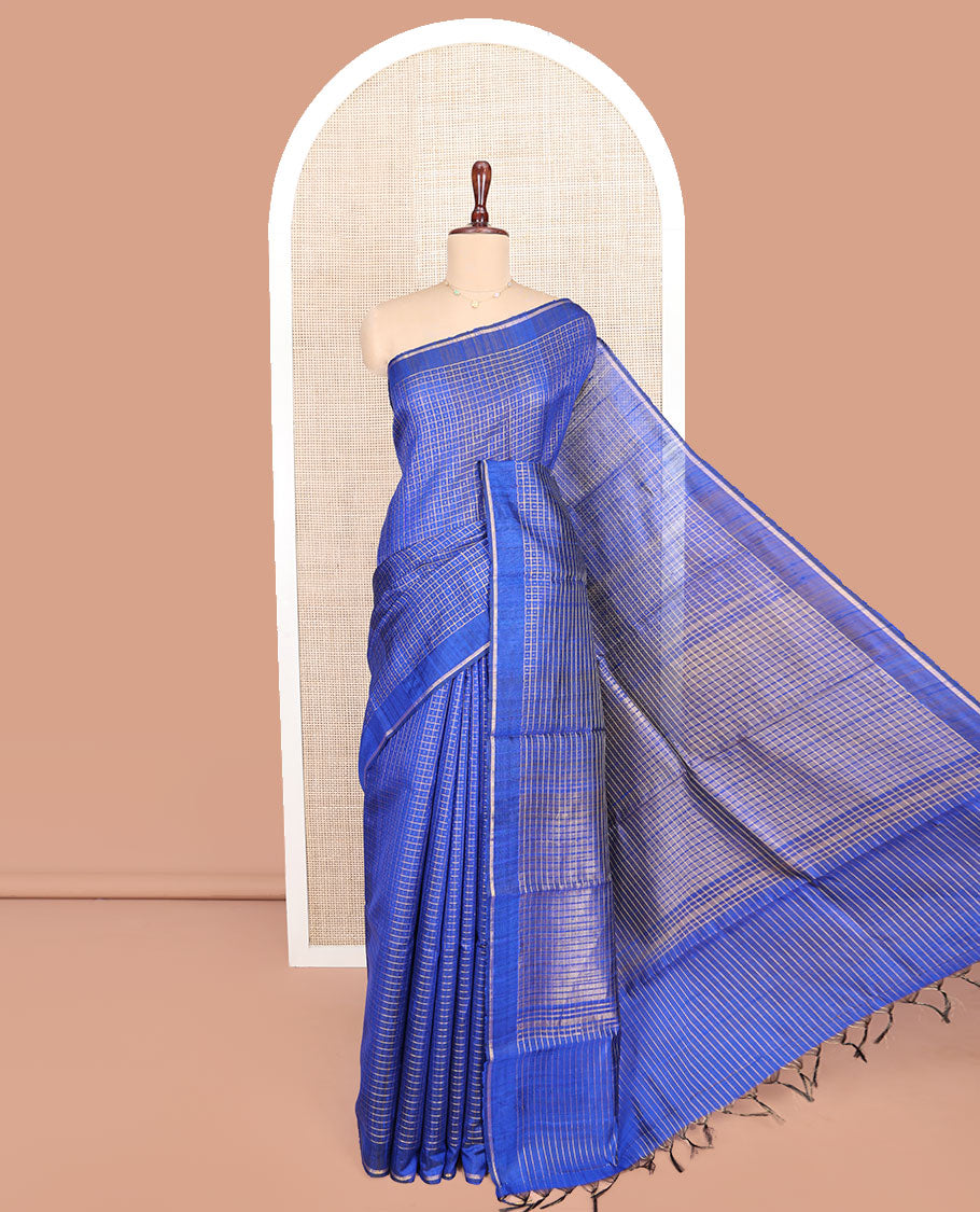 Blue Tussar Silk Saree, Subtly Sparkled with Dot Butta Enclosed Checked Designs, Subtle Border, Gleaming Zari Striped Pallu, and Paired with a Matching Blouse