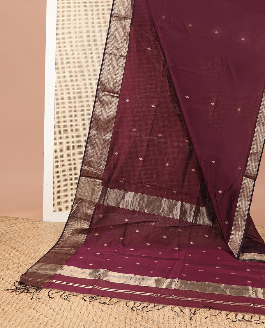 Maroon motifs maheshwari cotton saree with self zari design border & striped, geometric design pallu