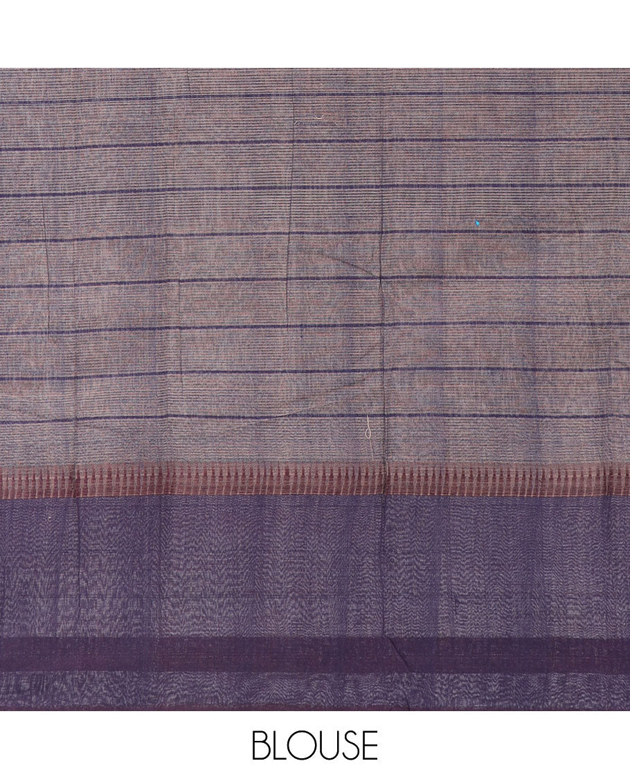 Pale brown checked khadi cotton saree with contrast border & checked design pallu