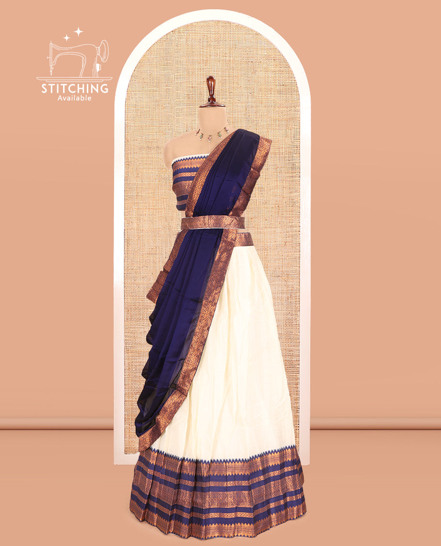 Cream-Navy Blue Semi-Silk Half-Saree