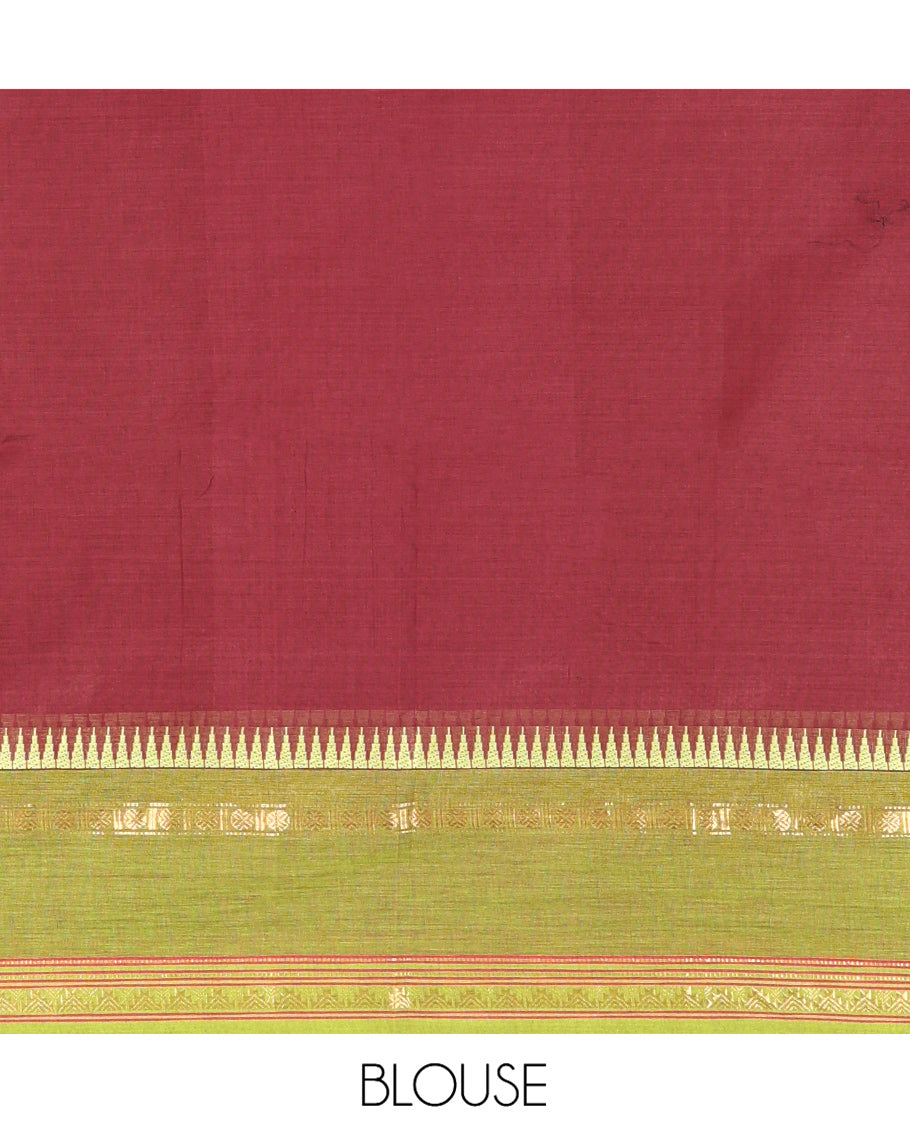Coffee Brown Plain Chettinad Cotton Saree, a Contrast Traditional Temple Rettai Pettu Border, a Matching Blouse