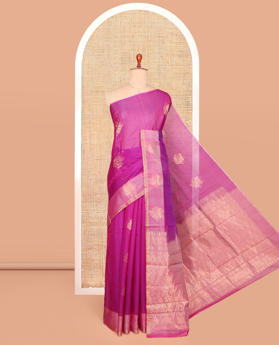Pink Silk Cotton Saree, Adorned with Zari Buttas, One-Sided Contrast Border, Geometric Pallu, and a Contrast Blouse