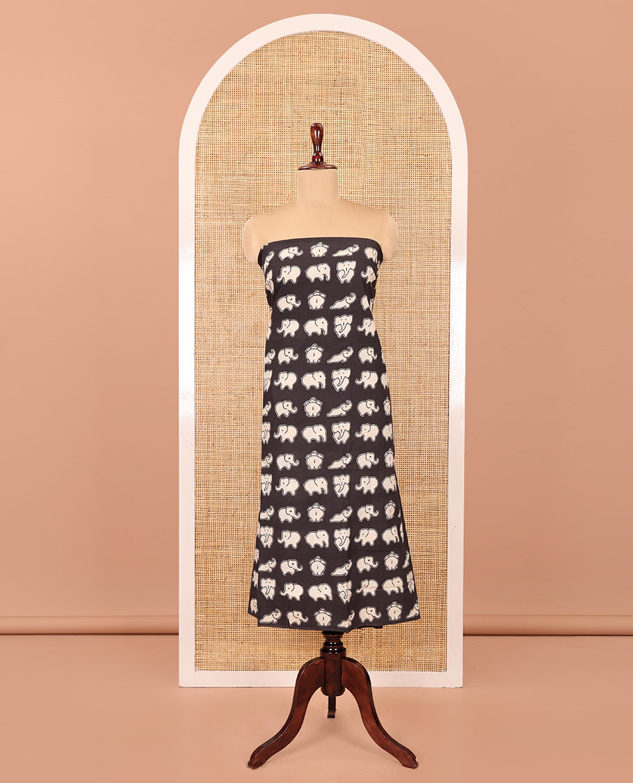 Black-Chikku Cotton Material Chudidar, Adorned with Elephant Print Top, Contrast Plain Bottom, and Contrast Bottom