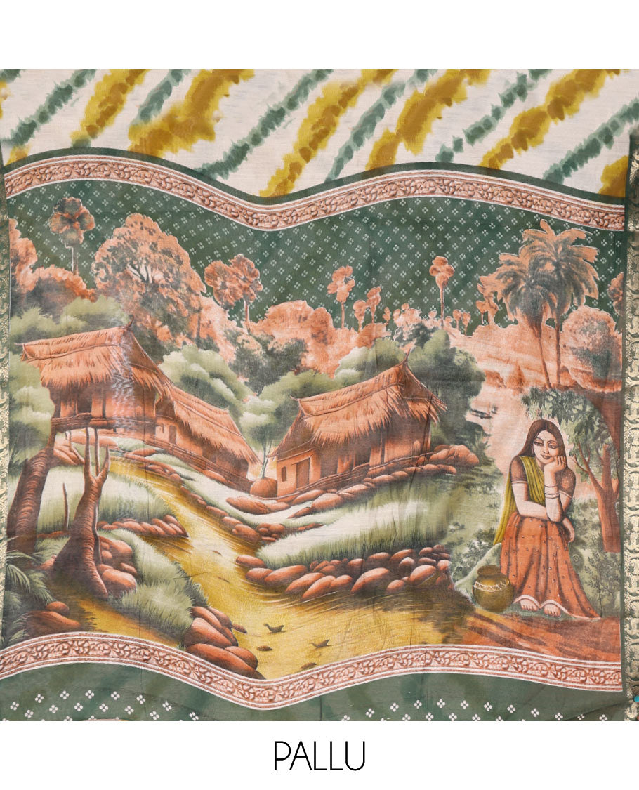 Green Muslin Cotton Saree Spotlighted with Zig-Zag Shibori Patterns Prints, Complemented by a Contrast Border of Deer Motifs in Zari, Pallu Decked Up with Scenery Print, and Paired with a Contrast Polka Dots Printed Blouse