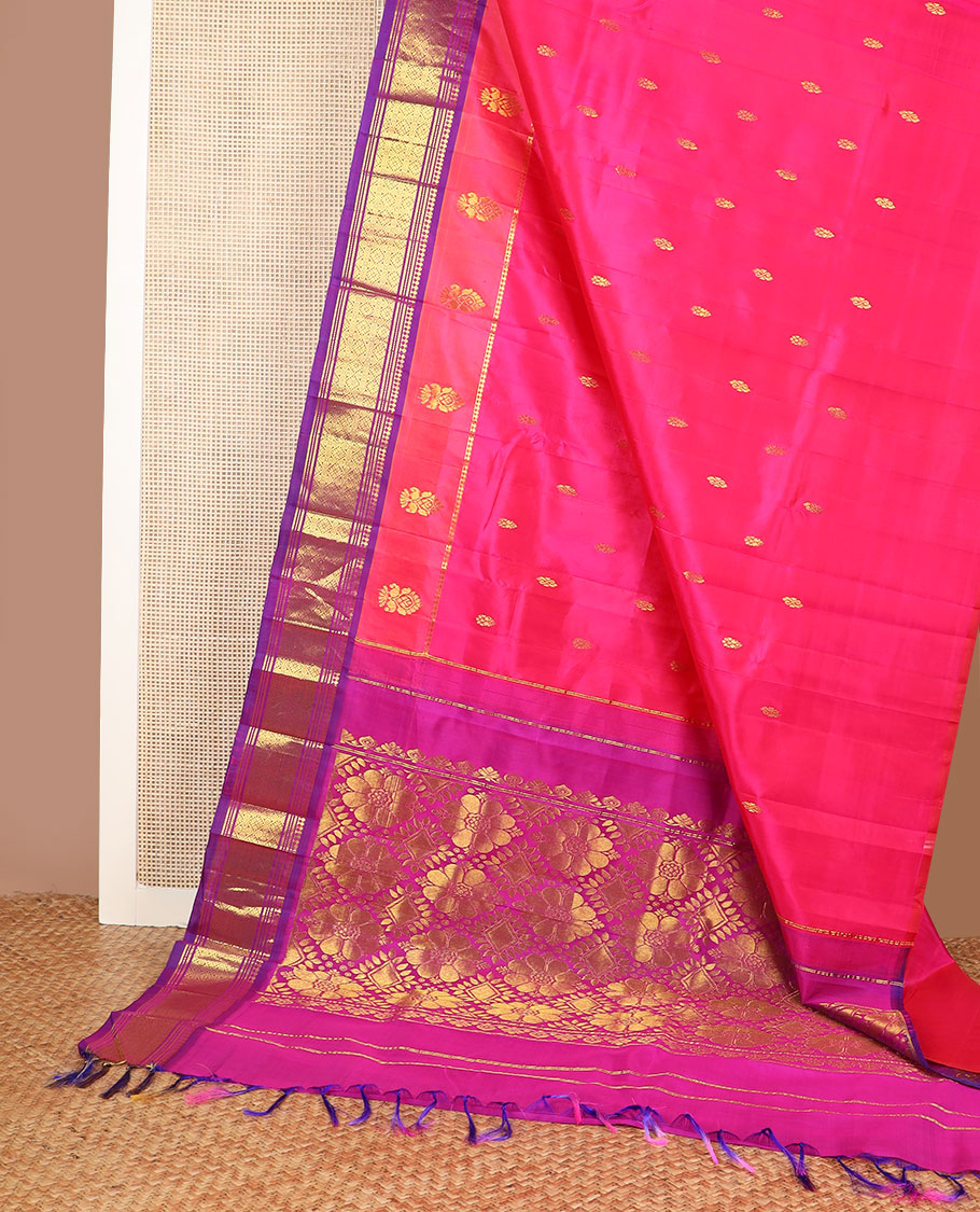 Pink buttas kancheepuram silk saree with contrast border of thilakam mokku, banaras, checked design & floral design pallu