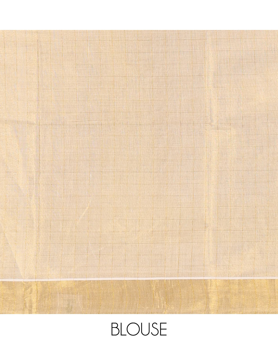 Gold Kerala Cotton Saree, Gleamed Up with Medium-Sized Checks All Over Its Body, Subtle Bavanji Border, Scintillating Zari Design Pallu, and Paired with a Matching Blouse