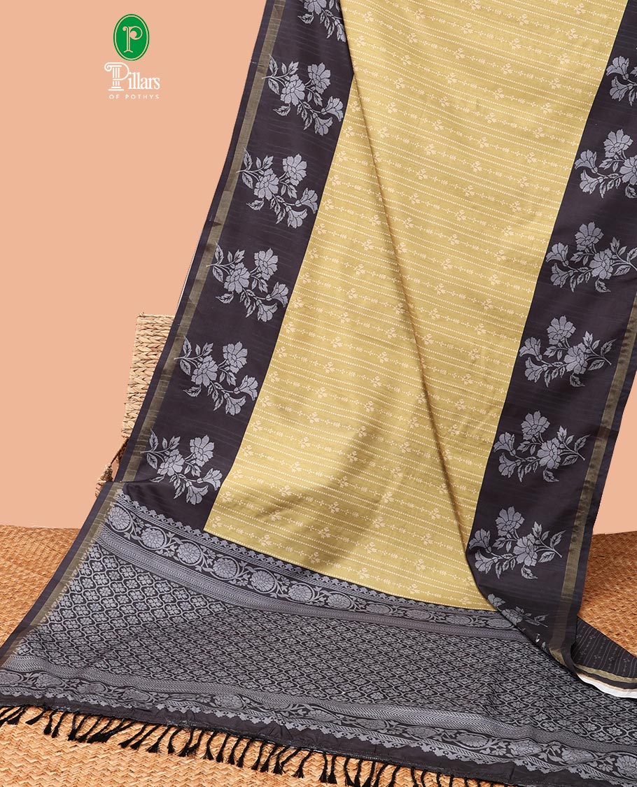 mehandi green all-over standing vertical lining printed katan silk saree with contrast double side floral printed design & weaving heavy rich pallu along with contrast printed blouse