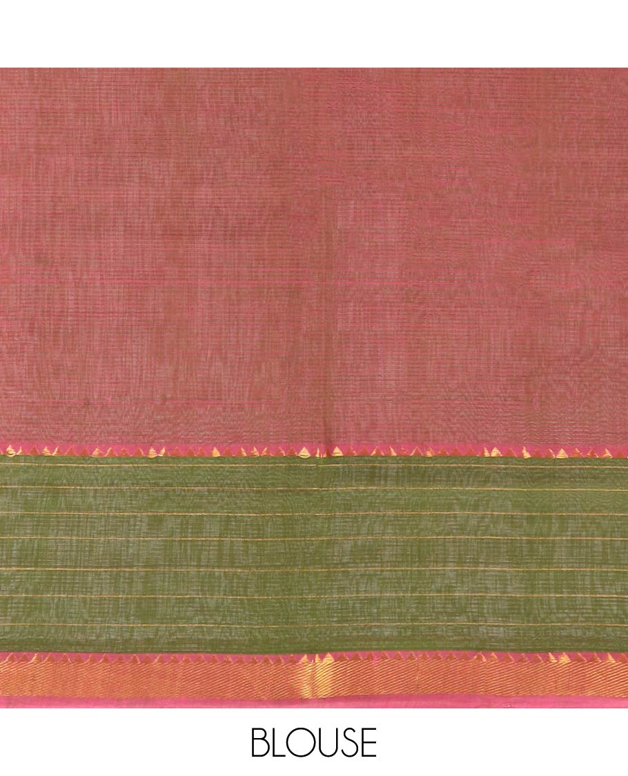 Pink striped mangalagiri cotton saree with contrast checked border & striped pallu