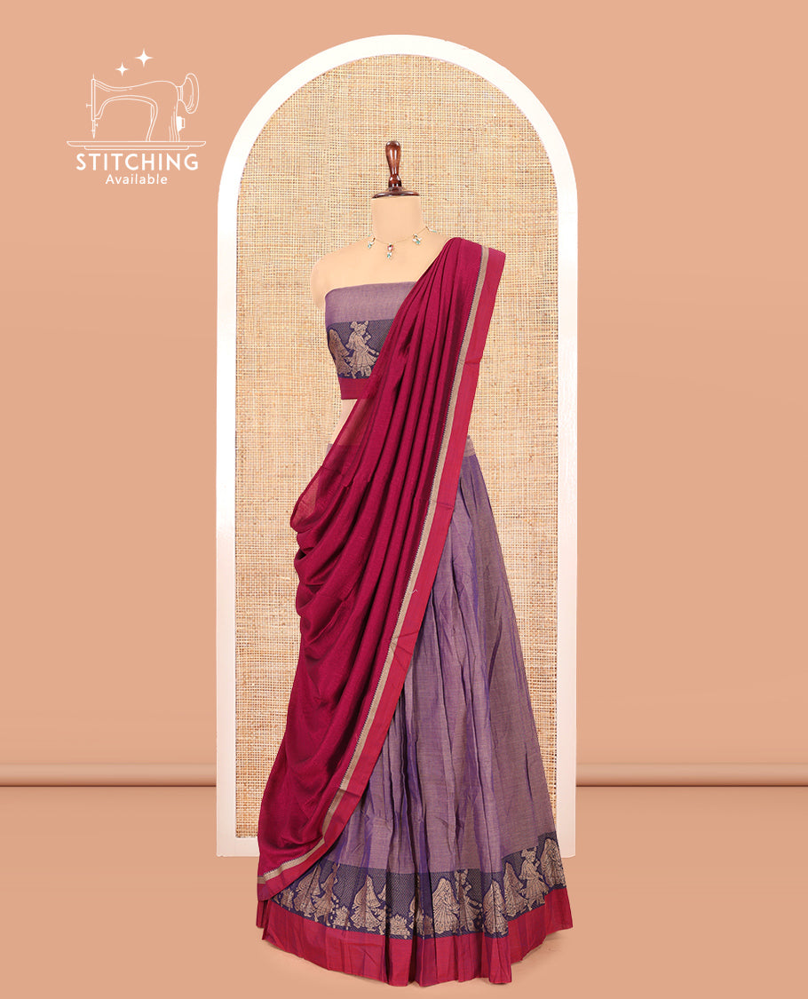 Dusky Lavender Mercerised Cotton Half-Saree Features a Plain Skirt, a Contrast Wedding-Themed Border, a Matching Blouse, a Contrast Dhavani