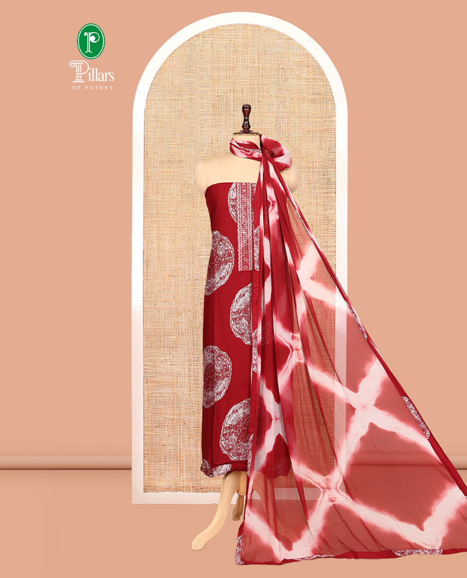 Maroon Rayon Material Churidar Features Circle Buttas and Neck Embroidery Top, a Contrast Bottom, Shibori Printed Dupatta