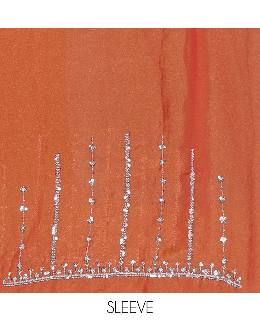 Orange vertical stripes embroidered shimmer chiffon saree, scallop embroidered border, embroidered pallu, and fancy embroidered matching blouse