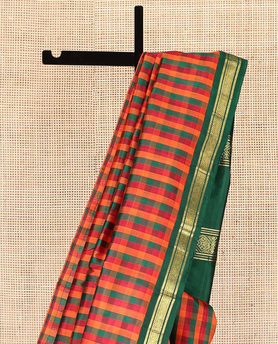 Multi-Color Kanchipuram Silk Saree, Enthralled with Palum Pazhamum Checks, Complemented by a Contrast One-Sided Korvai Border of Banaras and Jaal Designs, Grand Pallu, and No Blouse