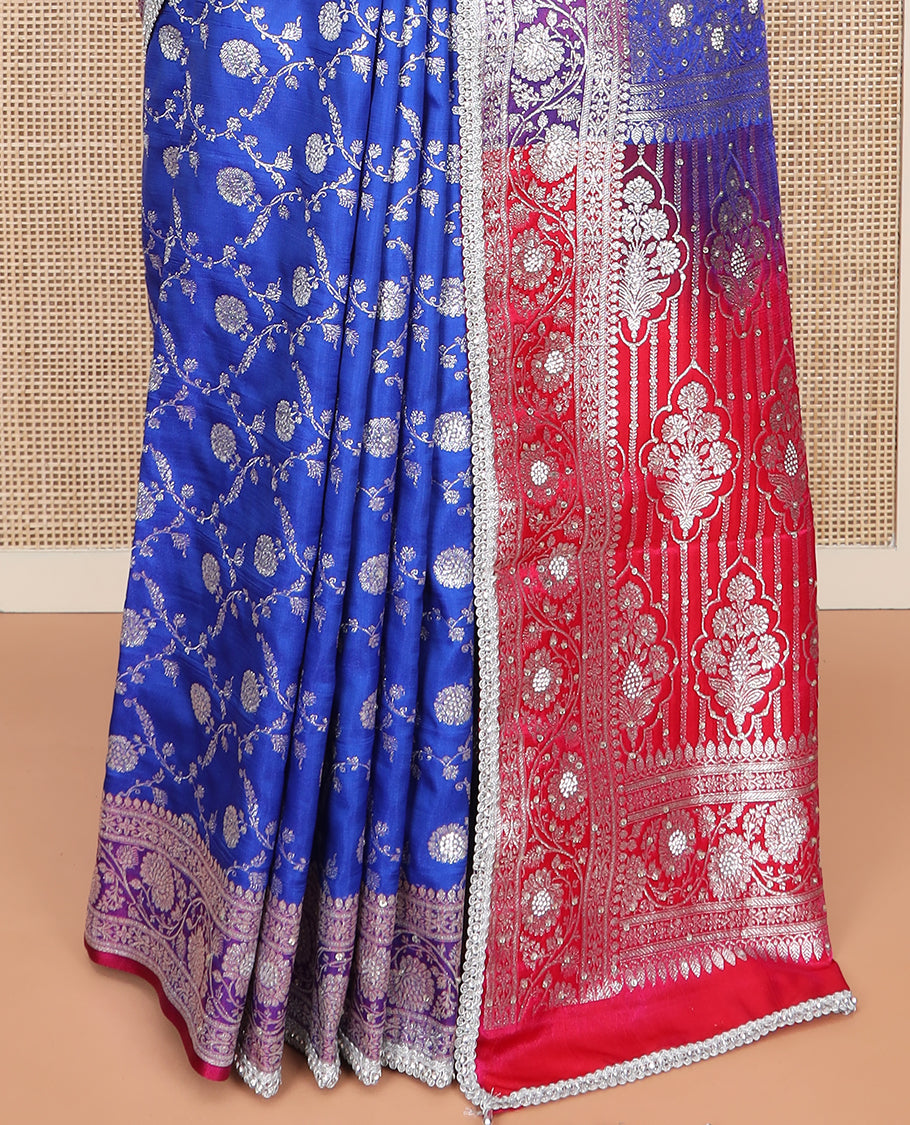 Ultramarine blue floral jaal jacquard banarasi silk saree, contrast lace zari border of floral creeper designs, and pallu of Mughal-style intricate motifs