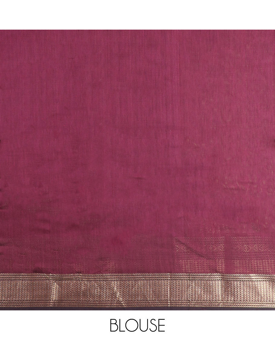 Maroon motifs maheshwari cotton saree with self zari design border & striped, geometric design pallu