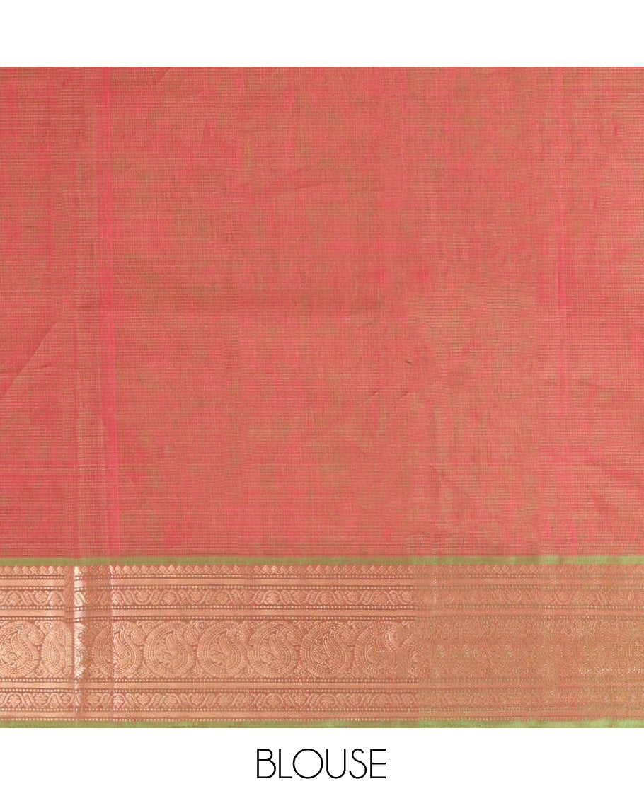 Pink Silk Cotton Saree, Adorned with Buttas, Complemented by Contrast Traditional Zari Border, Grand Jaal Pallu, and a Contrast Blouse