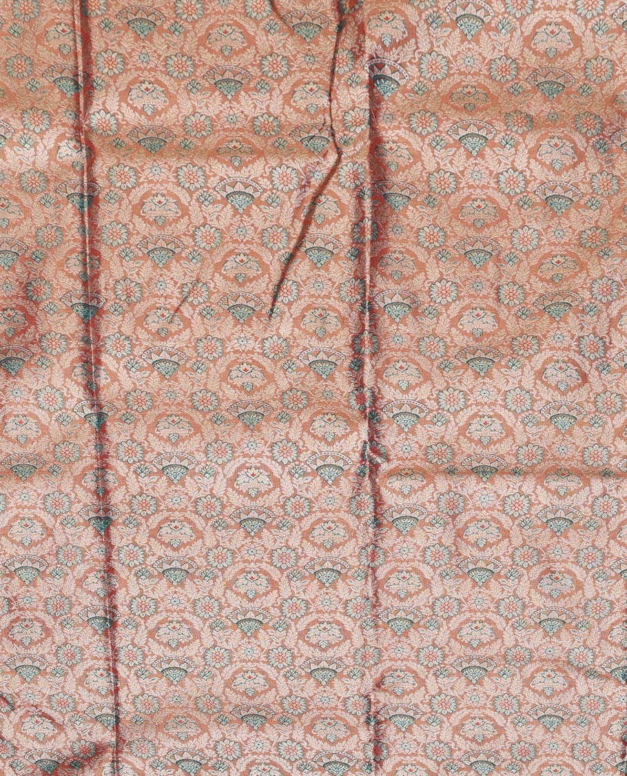 Peach Art Silk Half-Saree, Adorned with Jacquard Design, Contrast Traditional Zari Border, Paired with a Contrast Jacquard Blouse, and an Intricate Dhavani