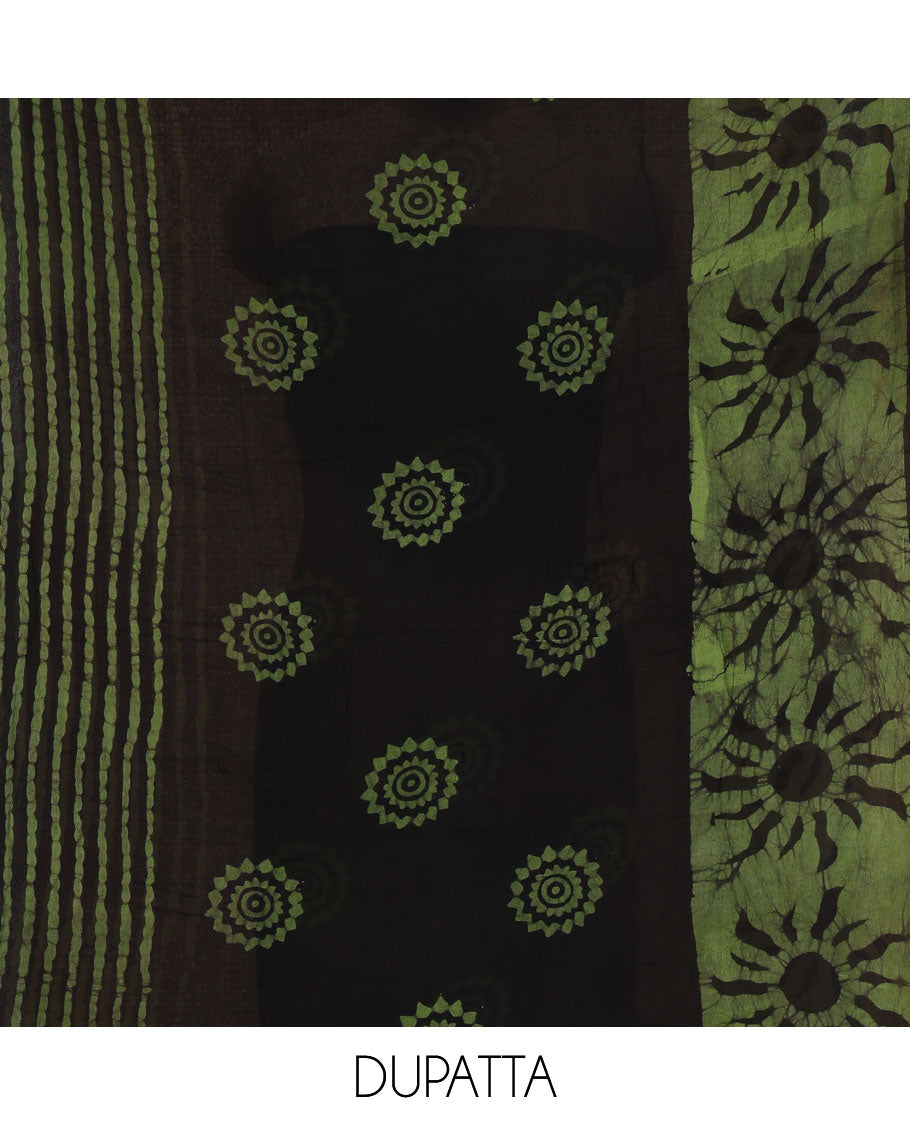 Black and green material chudidar set, sun brust and chakra motifs hand block printed Viscose georgette top, contrast bottom, and hand block printed viscose georgette dupatta