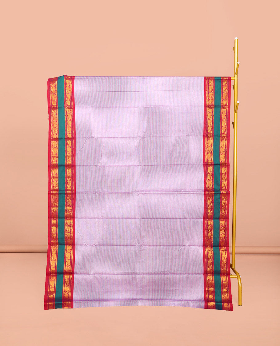 Lavender Striped Narayanpet Cotton Saree, Complemented by a Contrast Traditional Design Rettai Pettu Border, Striped Pallu, and Comes Without a Blouse