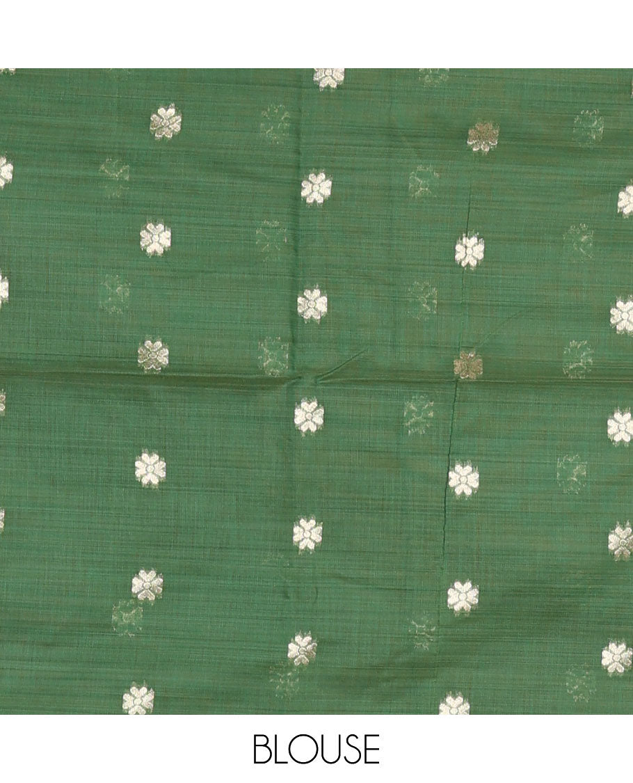 Peach resham thread buttas Munga cotton saree, jamdani floral creeper border, jamdani floral pallu, and contrast floral zari buttas blouse