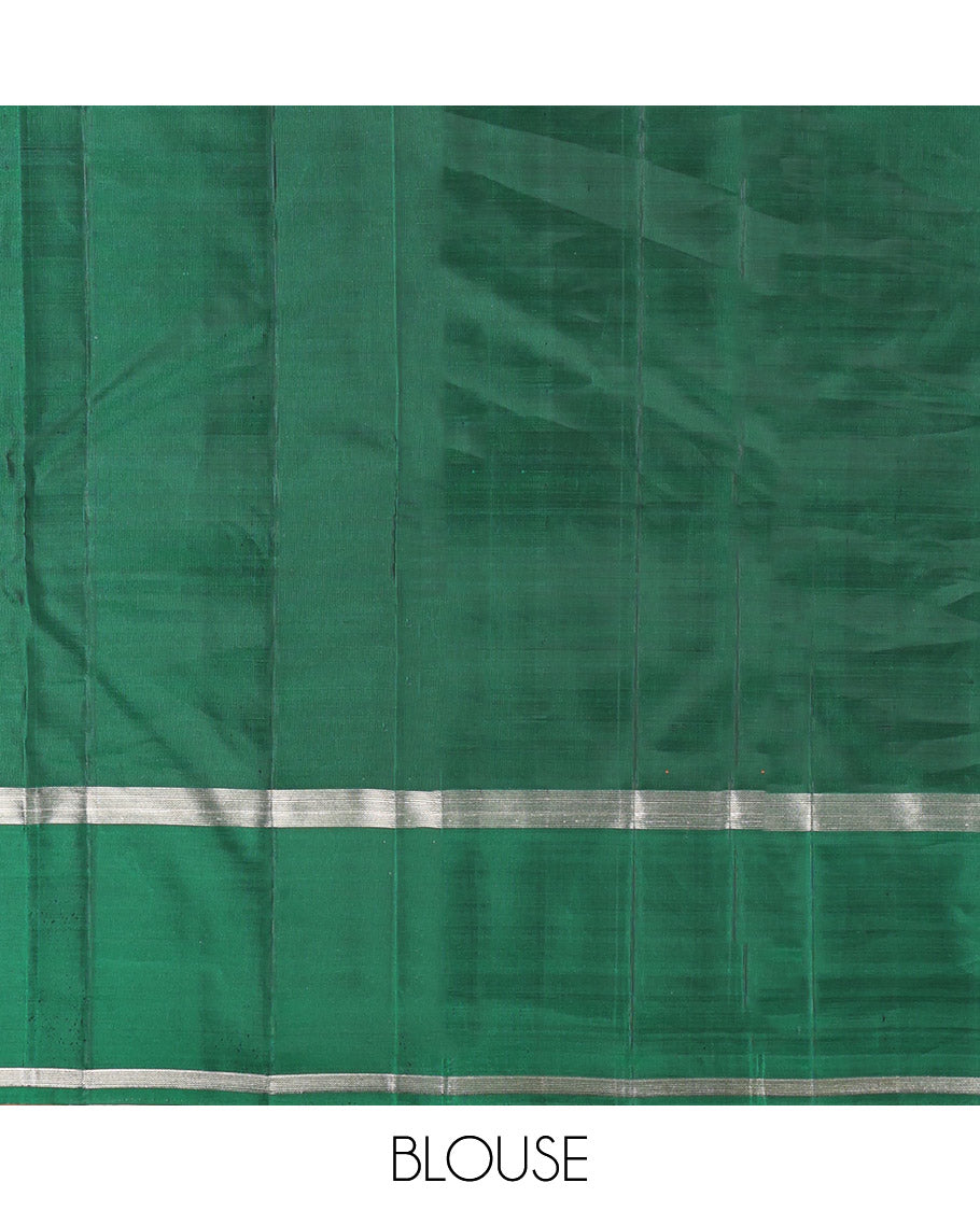 Pink Kanchipuram Silk Saree, Sparsely Woven with Buttas and Stripes, Complemented by a Contrast Bodi Border, Grand Pallu, and a Contrast Blouse