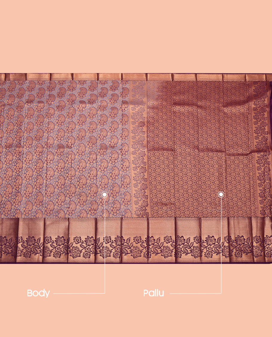 Grey Budget Silk Saree, Embellished with Paisley Jacquard, Complemented by Contrast Traditional Zari Border, Intricate Pallu, and a Contrast Blouse