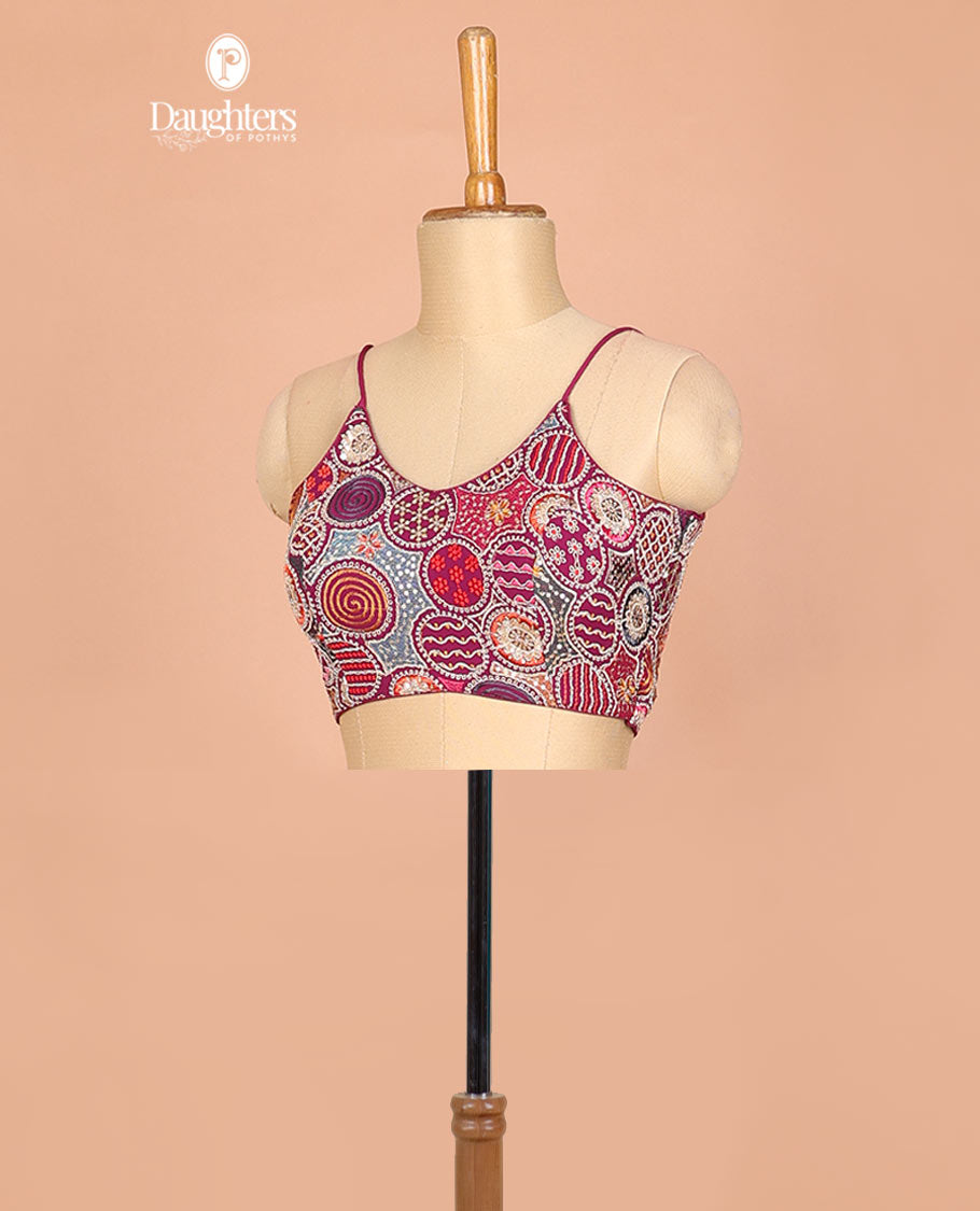 Purple intricate thread & sequins embroidered readymade georgette blouse with spaghetti sleeves & deep leaf neck