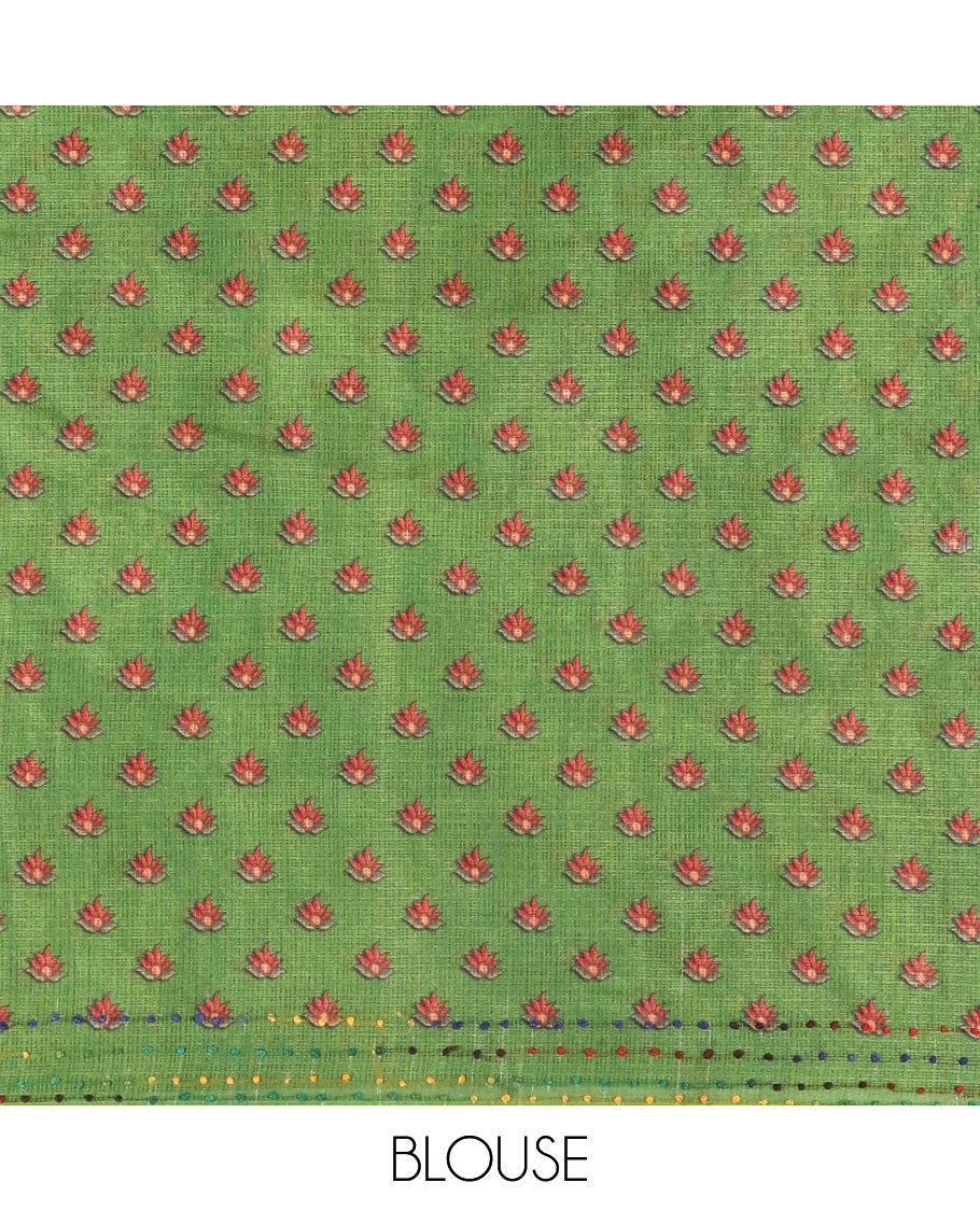 Borderless parrot green kalamkari floral vine printed with French knot and kanta embroidered kotta silk saree, printed and French knot embroidered matching blouse