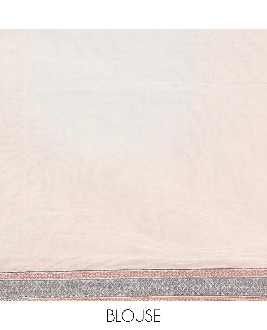 Sea green striped and polka thread dotted woven nagama cotton saree , traditional thread border, pallu of floral and leaf design, and plain blouse