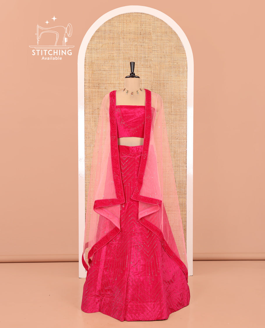 Pink Velvet Half-Saree, Adorned with Swarovski Stonework Skirt, Matching Stonework Blouse, Contrast Net Dhavani