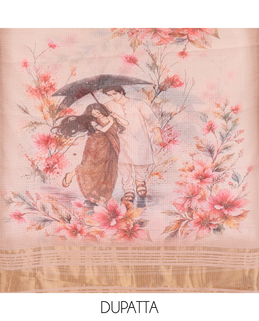 Chikku Net Kota Material Chudidar Set, Couple Printed Top, a Plain Bottom, Couple Printed Dupatta