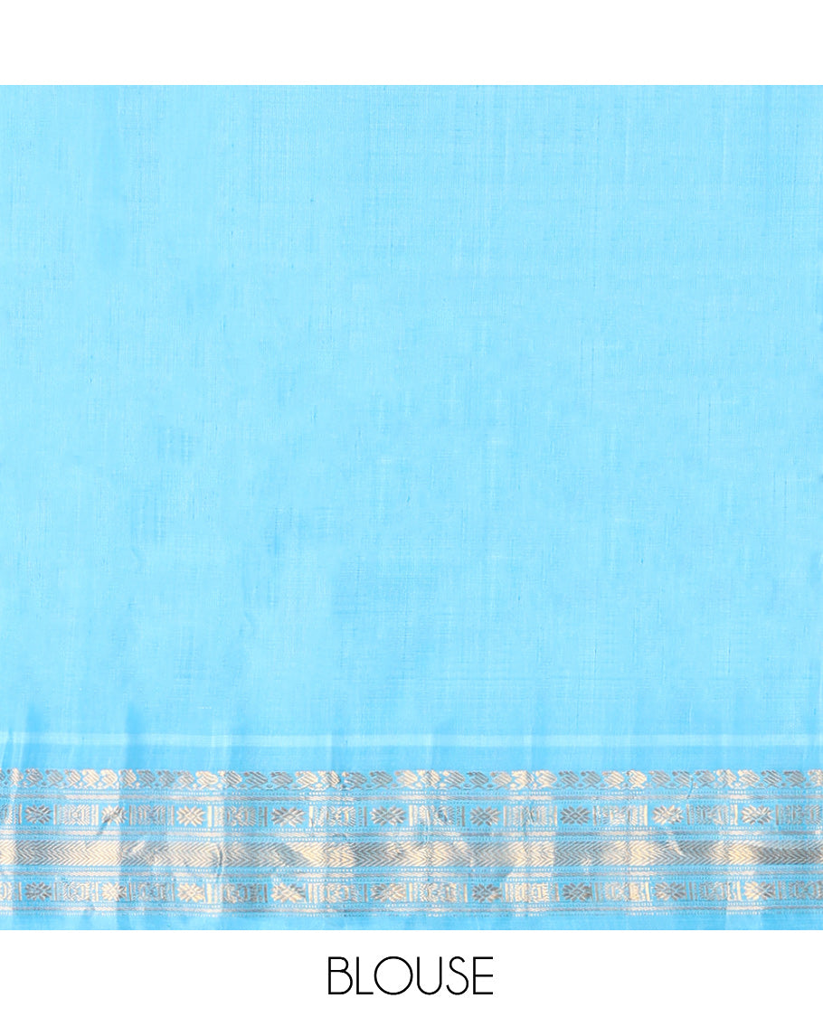 Pink Gadwal Silk Saree, Adorned with Zari Buttas, Complemented by a Contrast Temple Traditional Zari Border, Grand Pallu, and a Contrast Blouse